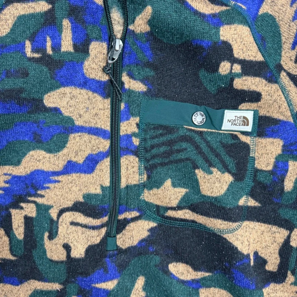 North Face Fleece Men's S Gordon Lyons Print 1/4 Zip Pullover Camo Green Blue